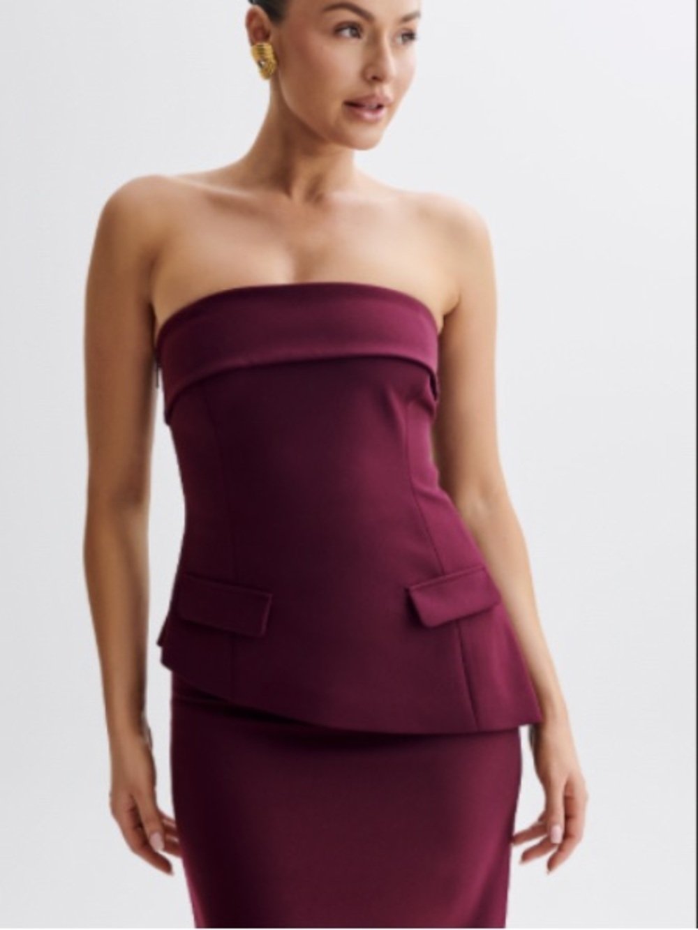 Meshki Micah suiting strapless two piece maxi set column skirt PLUM - Picture 3 of 4